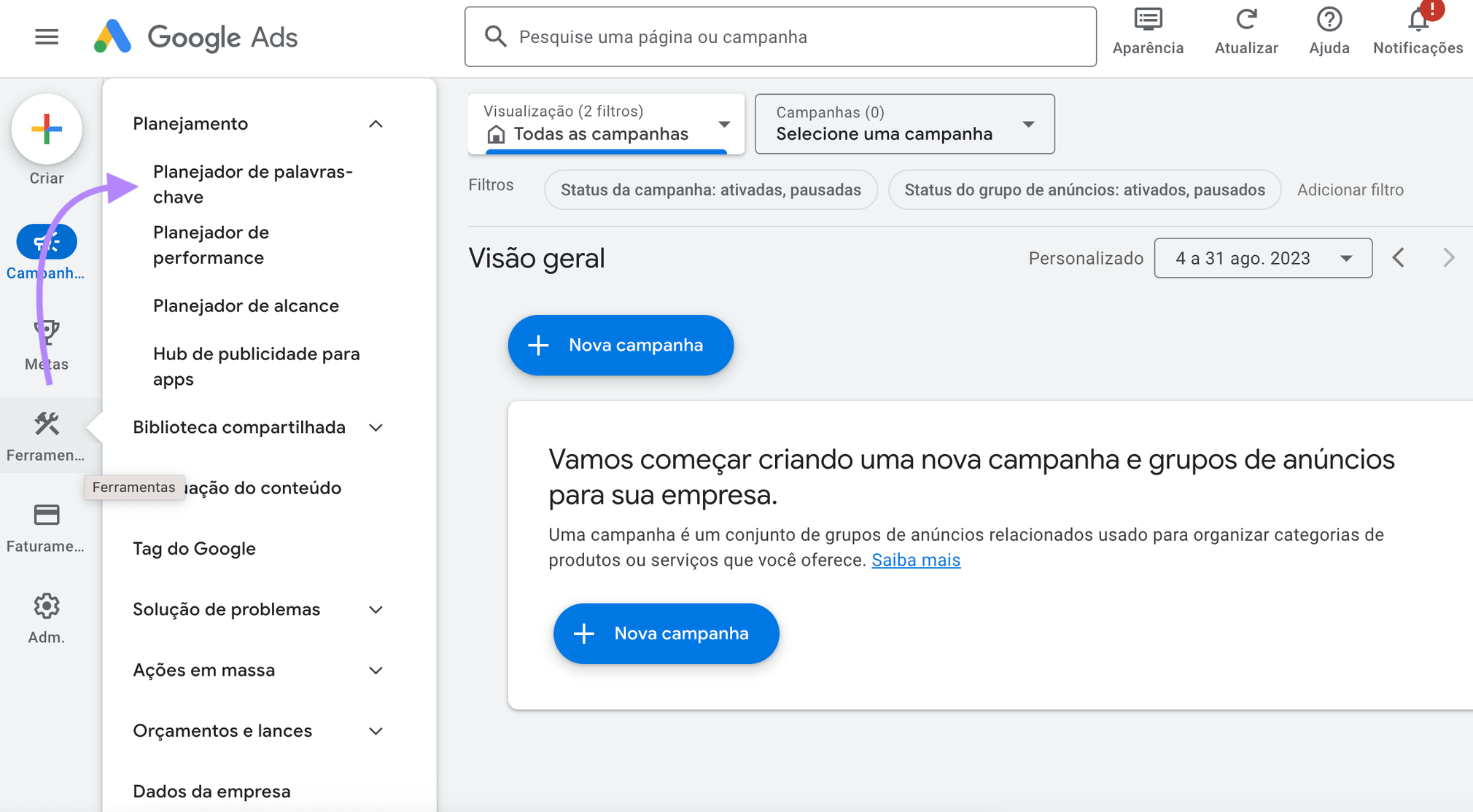 anúncios do Google para navegação no planejador de palavras-chave