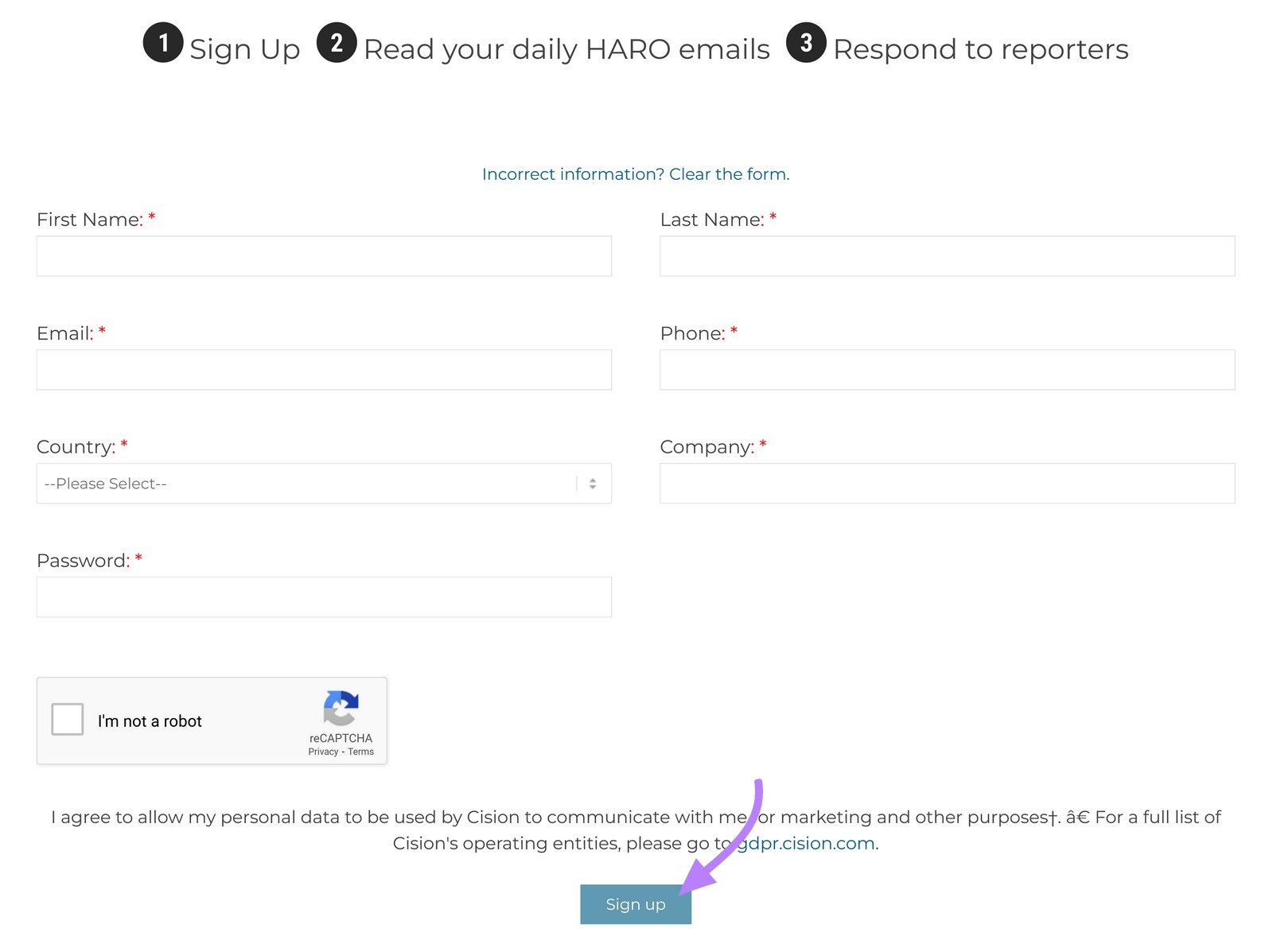 HARO’s basic subscription signup page