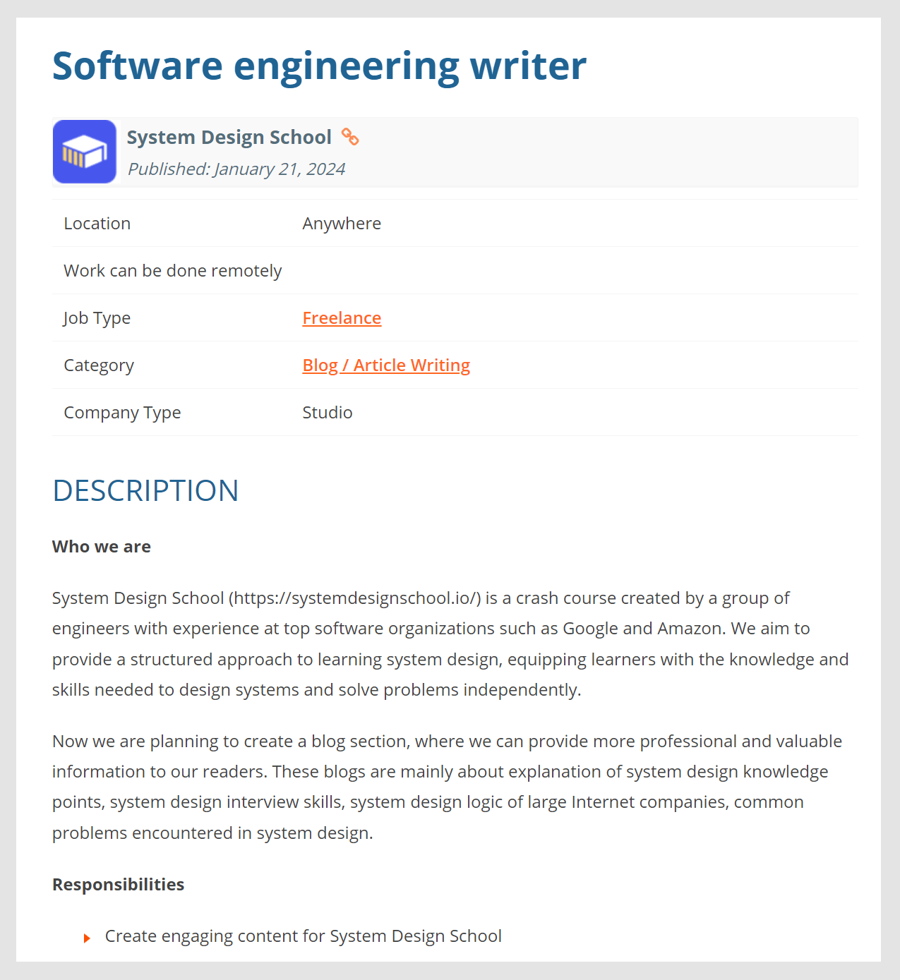 A job listing for "Software engineering writer" on ProBlogger