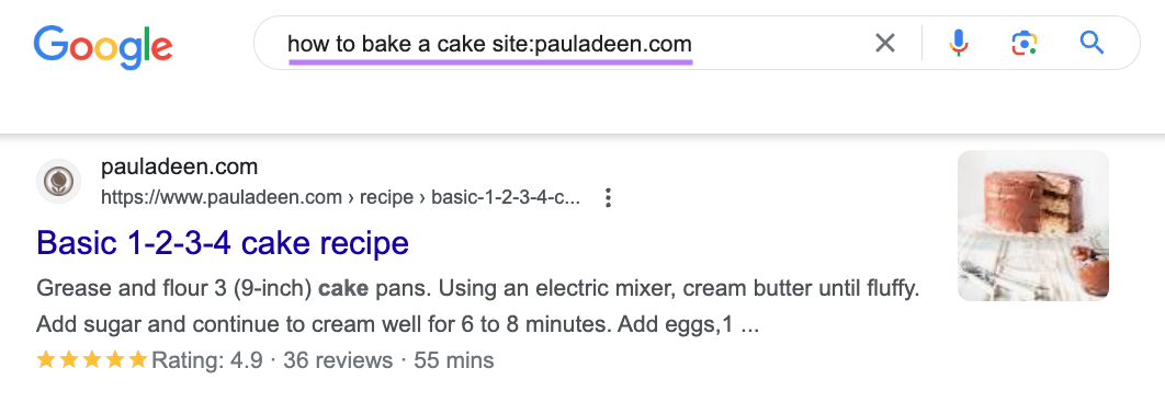 Google's first result for "how to bake a cake site:pauladeen.com" query
