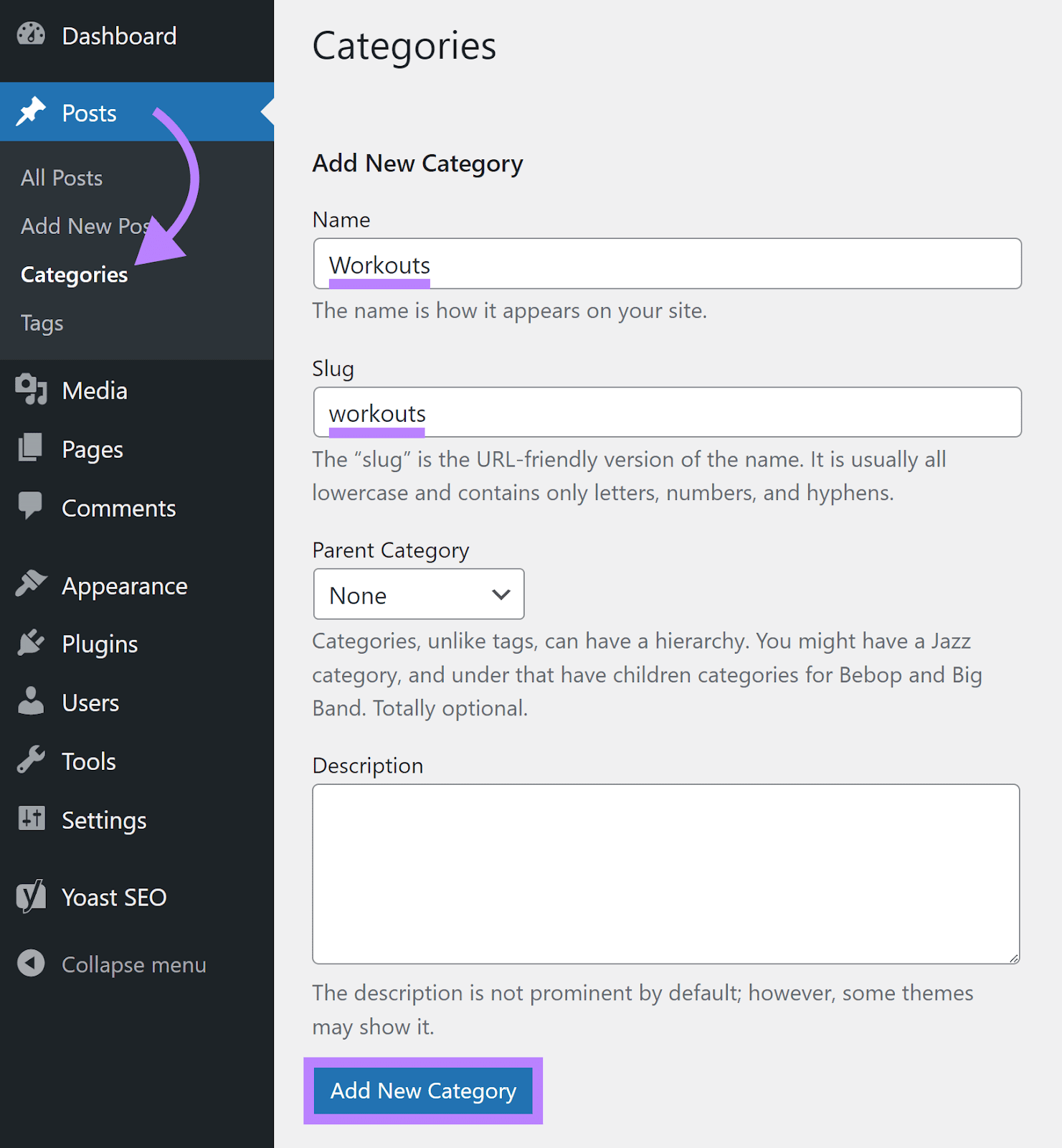 New category creation screen in WordPress, with arrow pointing from Posts to Categories in sidebar menu