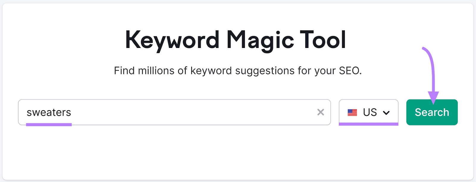 "sweaters" entered into the Keyword Magic Tool search bar