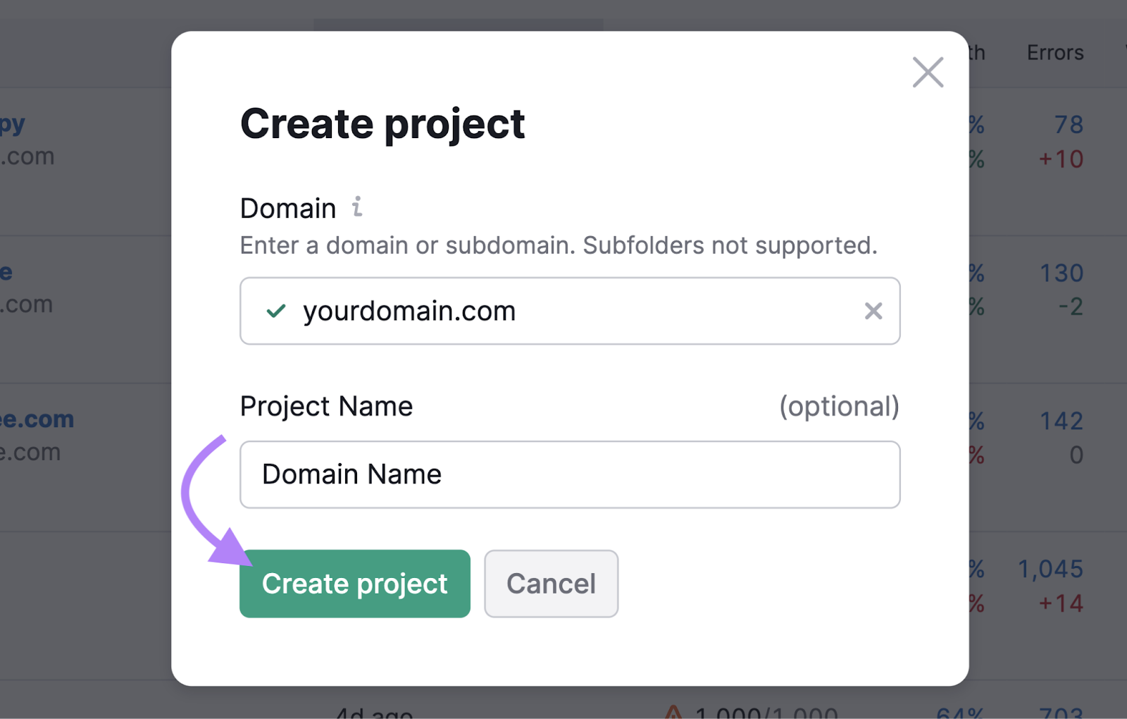 "Create project" pop-up model   successful  Site Audit tool