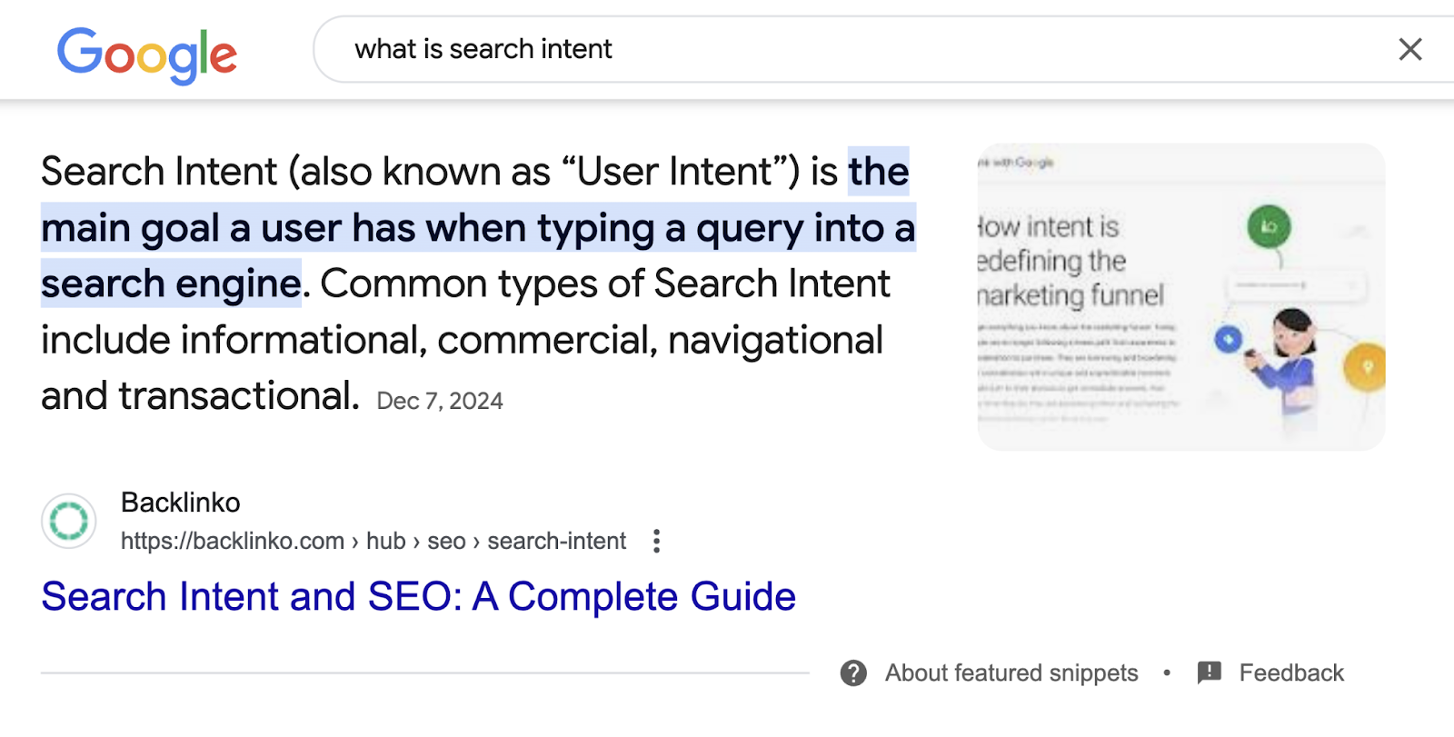 Featured Snippet appears near the top of the SERP and it includes a brief answer, the source, and an image.