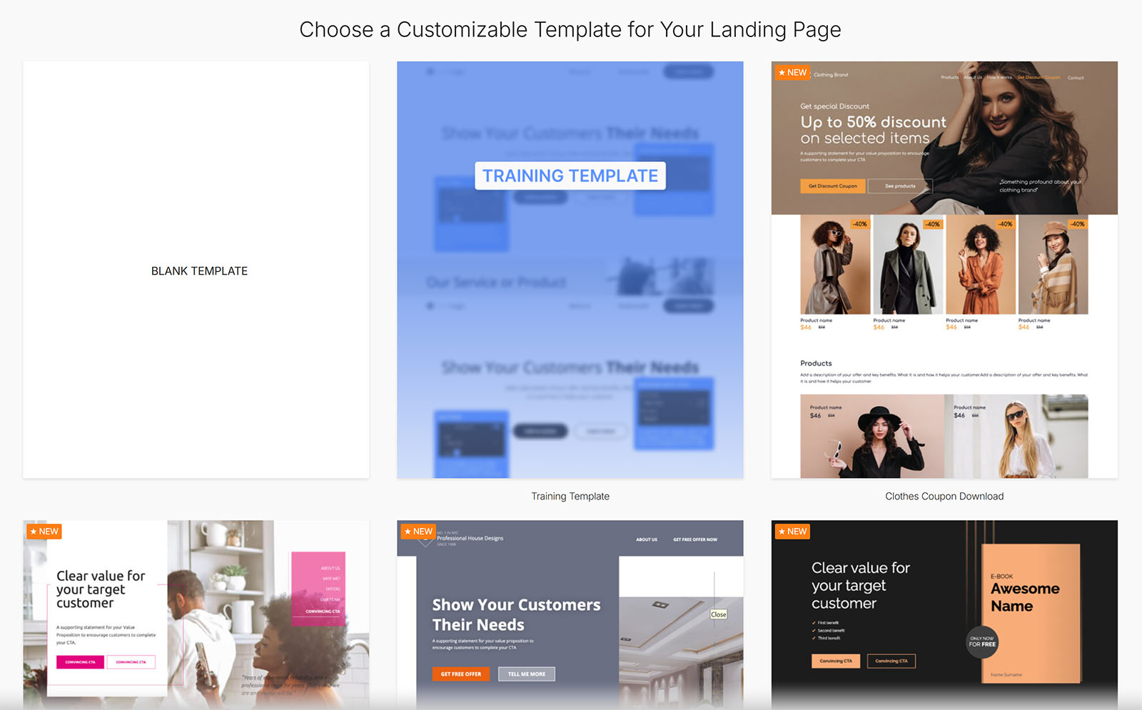 Grid of landing page templates including blank, training, and themed options for fashion, ebooks, and service promotions