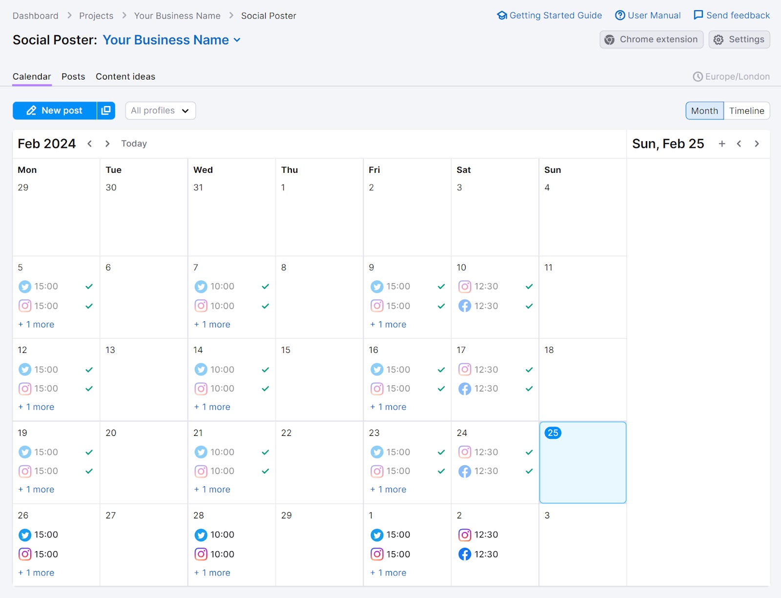 Social Poster dashboard showing Facebook and Instagram posts scheduled in advance.