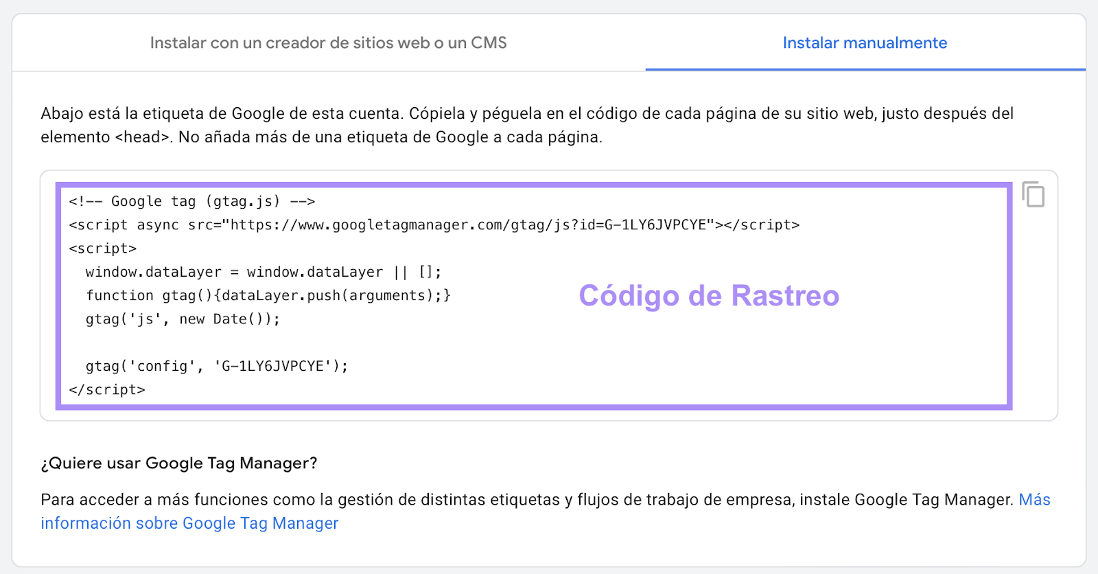 Ejemplo del código de seguimiento de Google Analytics