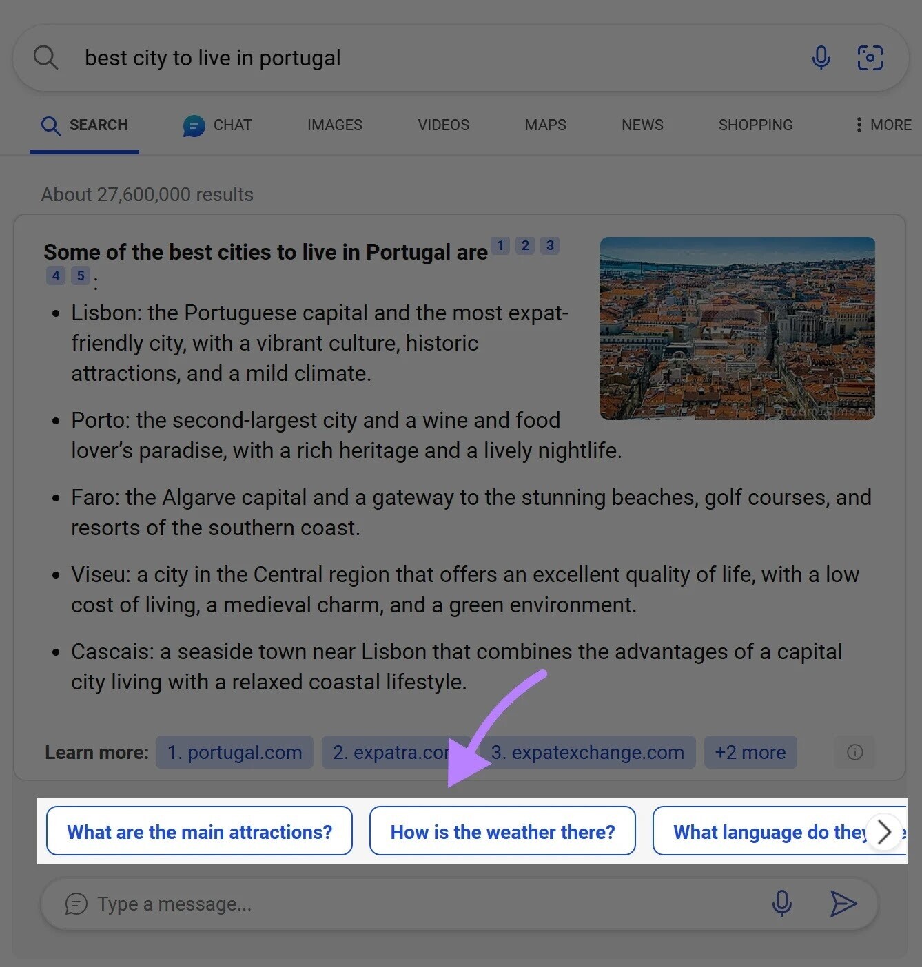 an example of follow-up questions below the main information when using Microsoft Edge