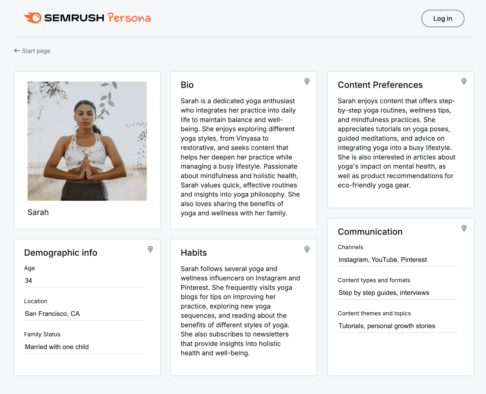 Semrush Persona profile for Sarah, a 34-year-old yoga enthusiast