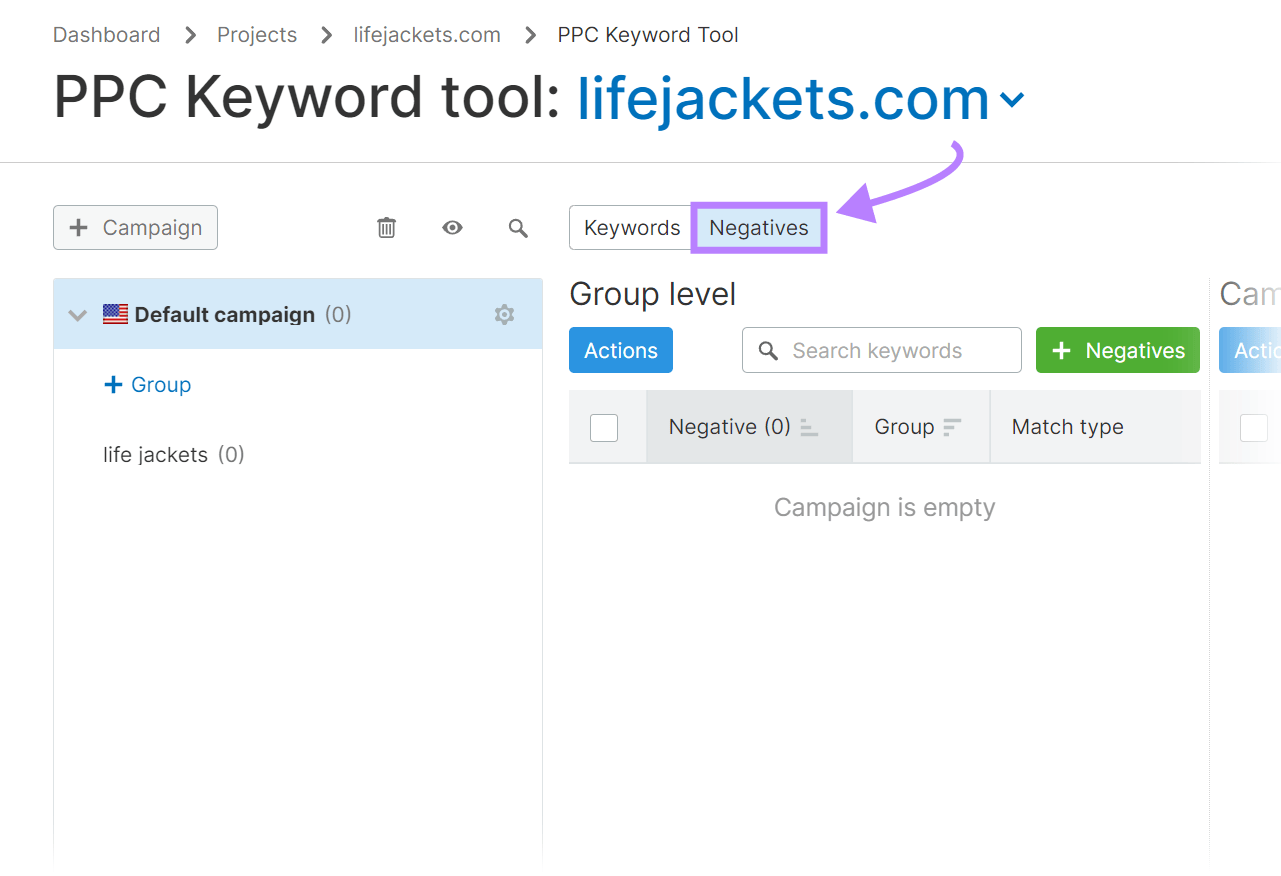 "Negatives" option selected from PPC Keyword Tool "lifejackets.com" dashboard