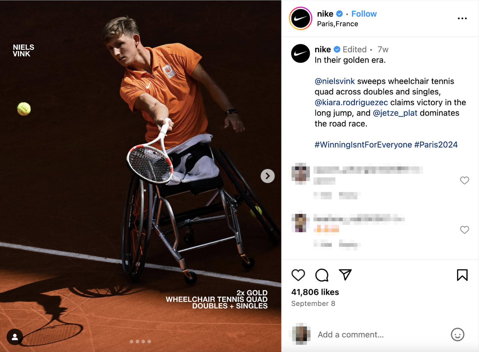 nike instagram post shows a tennis player in action