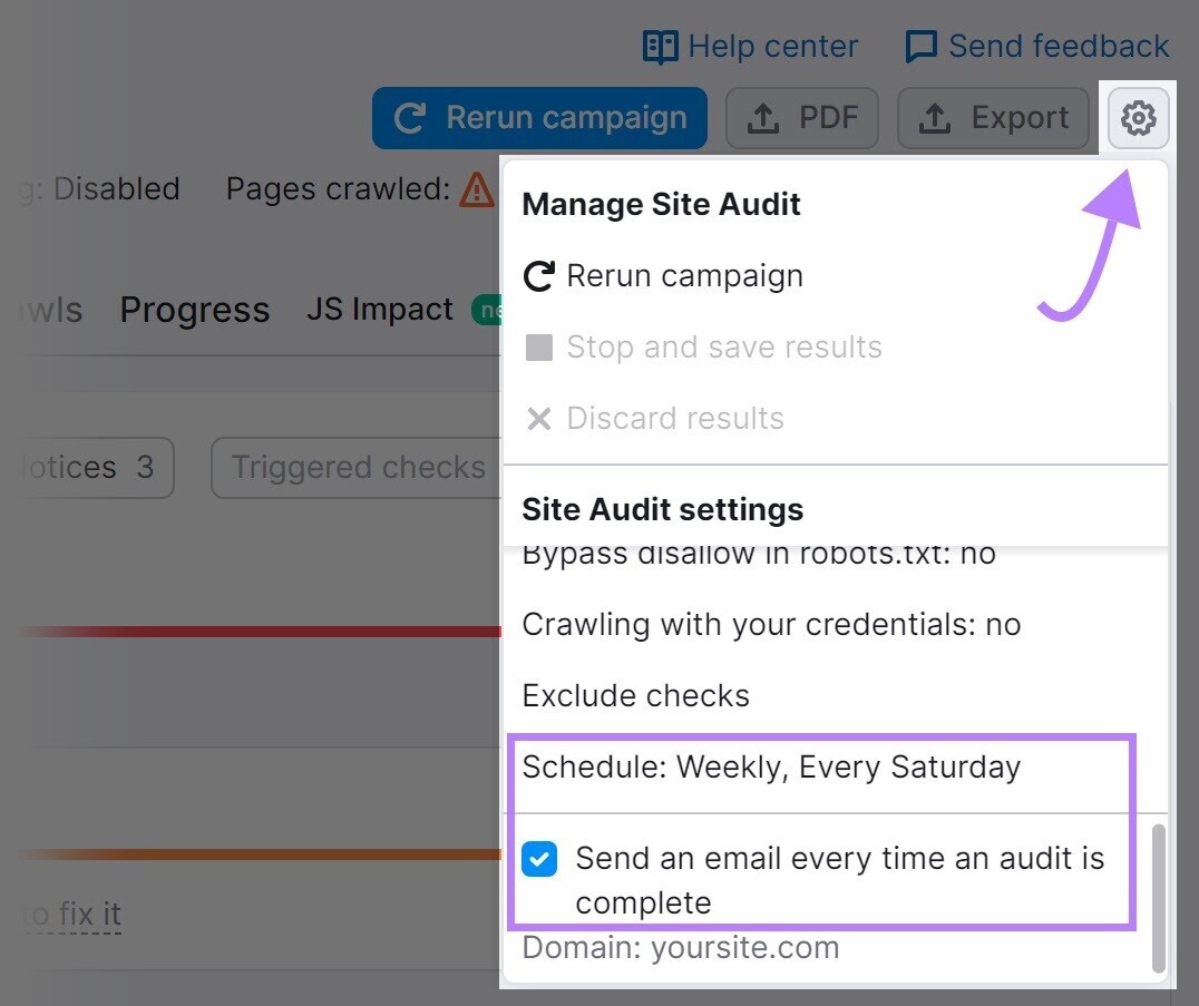 where to schedule audits in Site Audit Settings