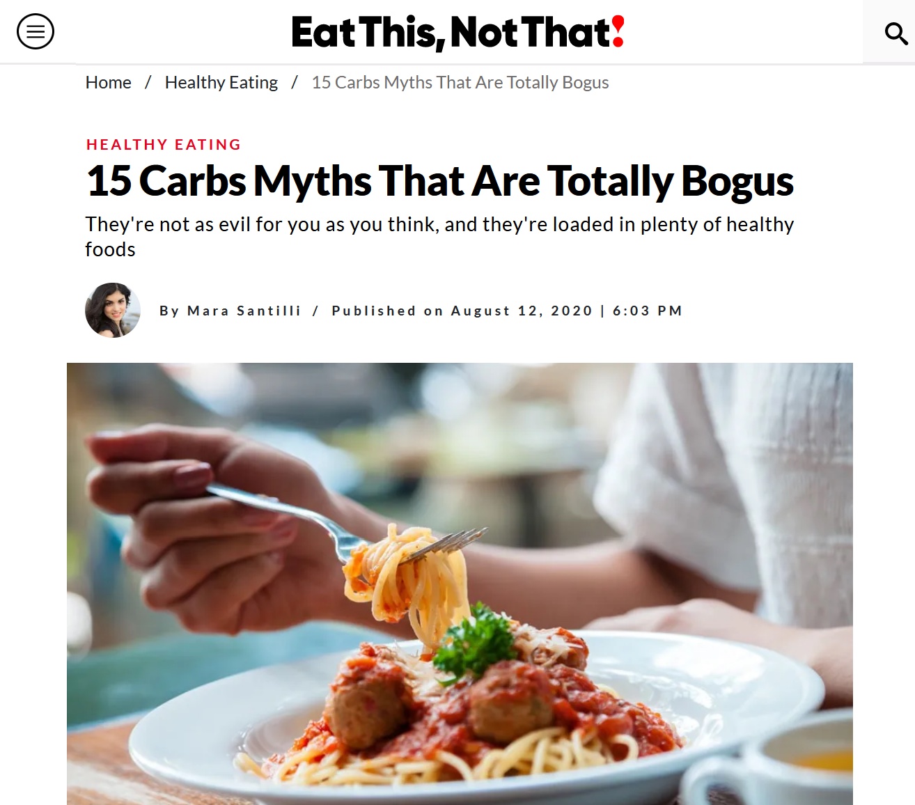 An article titles "15 Carbs Myths That Are Totally Bogus"