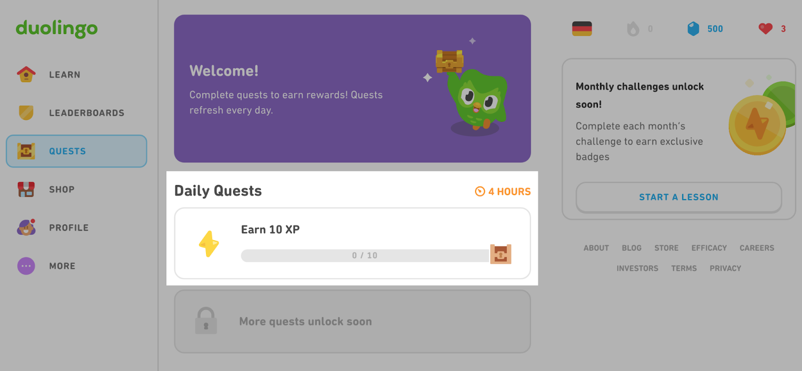 Duolingo dashboard showing a invited  connection   from the greenish  Duolingo mascotte vertebrate  and an enactment    to instrumentality     regular  quests.