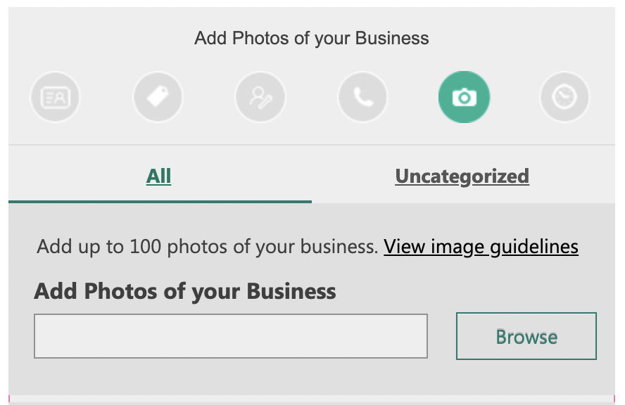 "add p،tos of your business" page in Bing Places for Business