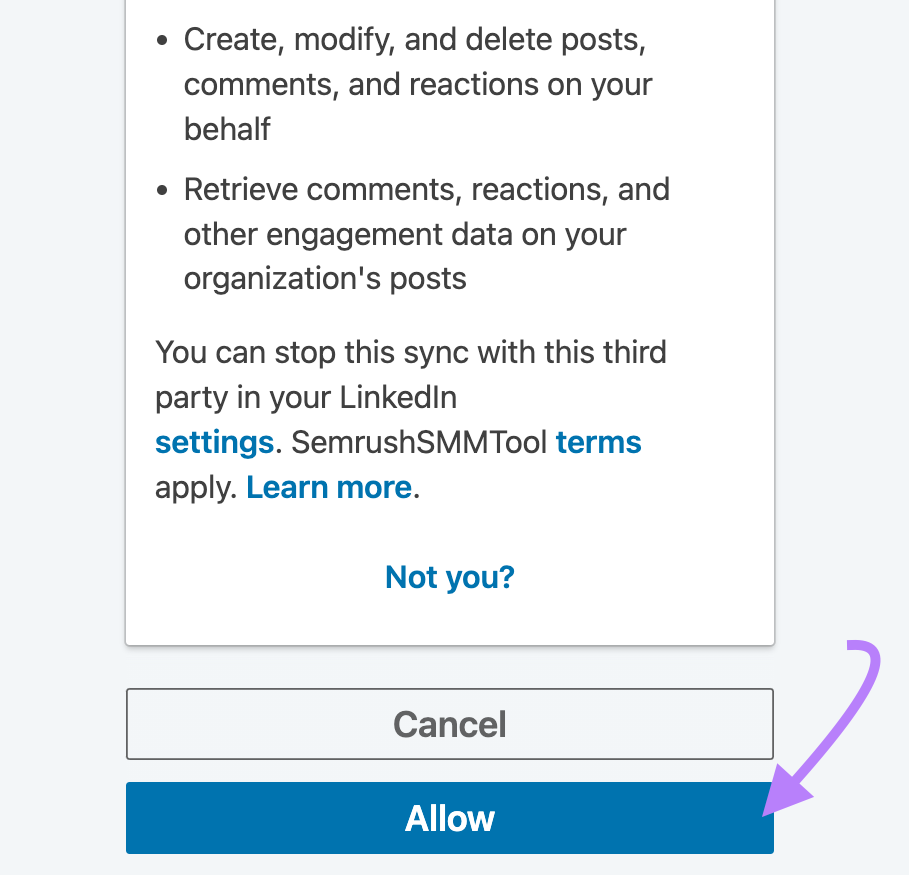 Allow button highlighted underneath sync options to connect Semrush social to LinkedIn profile