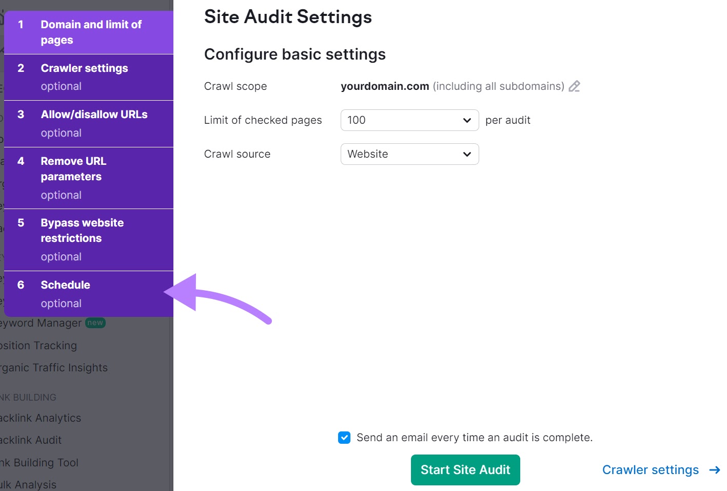 "Schedule" option selected from the Site Audit Settings