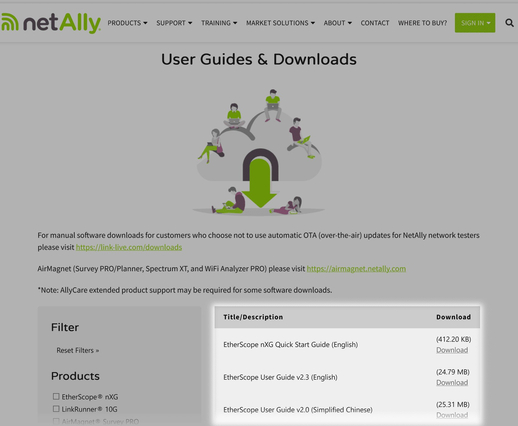 NetAlly's section with user guides