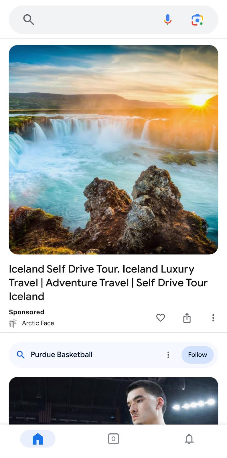 google discover ad shows a retargeting ad after searching for iceland trip details