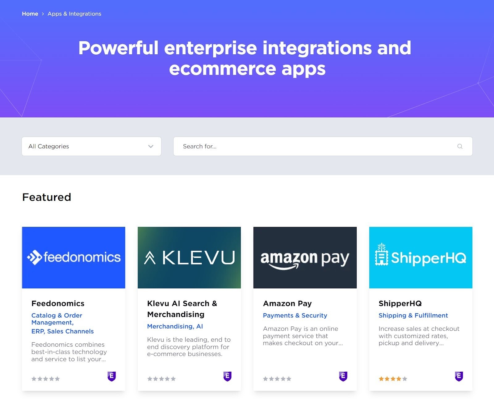 BigCommerce's enterprise integrations and ecommerce apps page