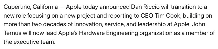 Apple's press release section about new hire
