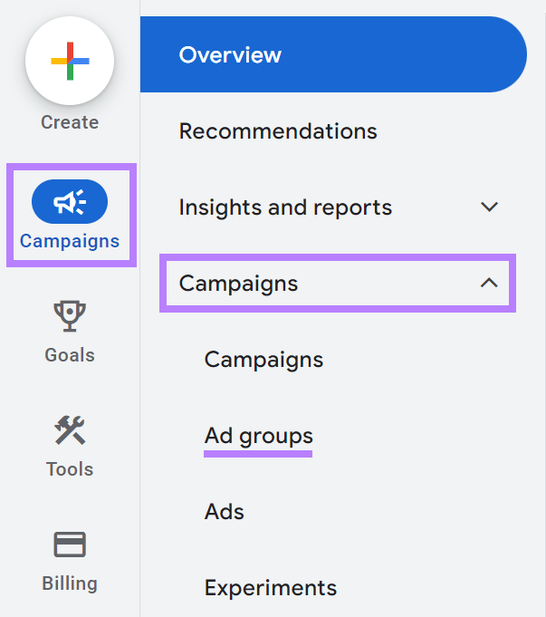navigating to “Ad groups" in Google Ads account