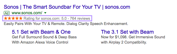 A rating extension displayed with Sonos's search ad