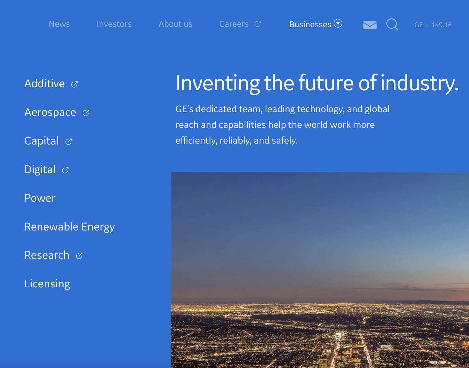 General Electric's website categories