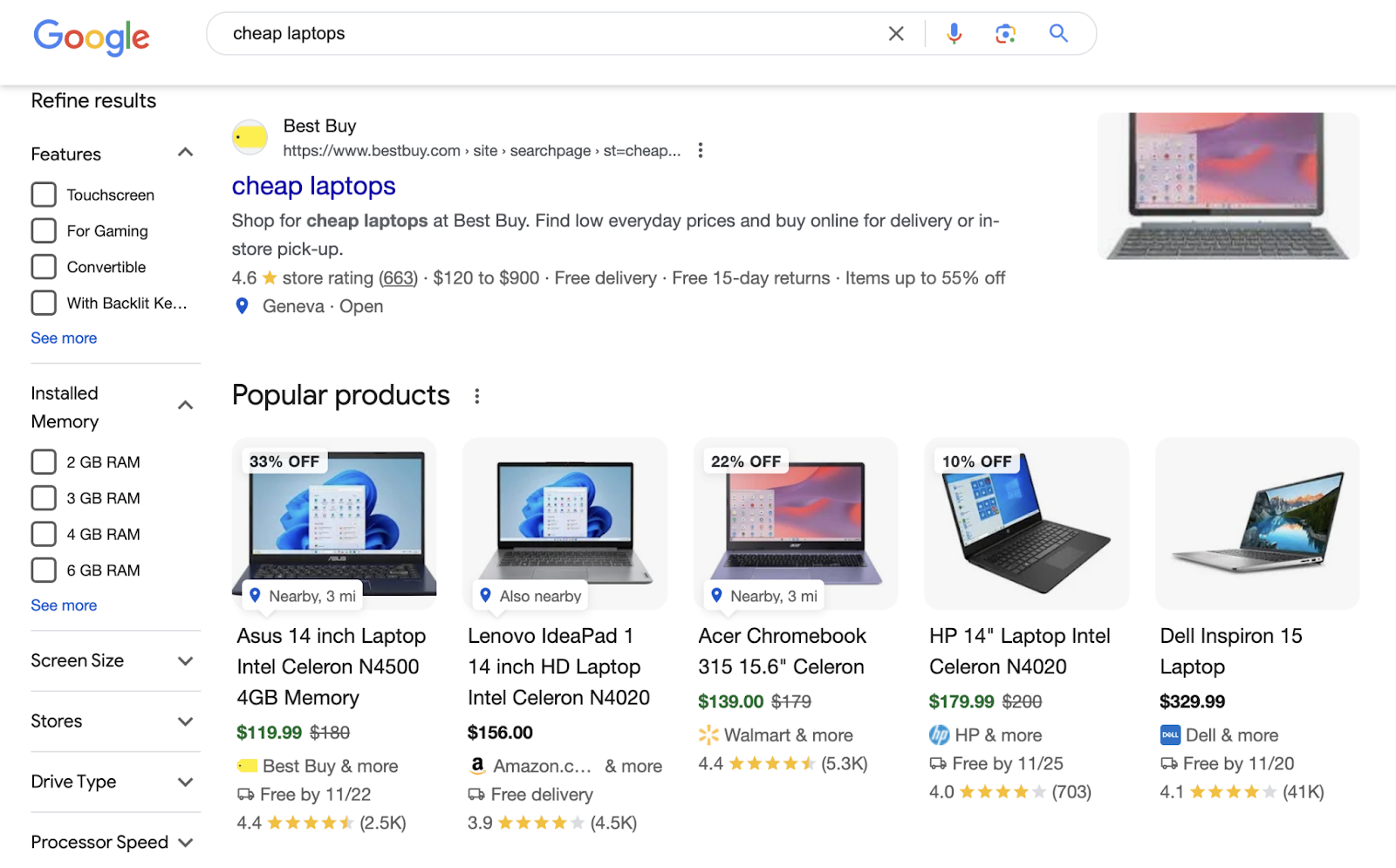 search results show an organic listing for cheap laptops on best buy and popular products serp feature that includes reduced price laptops