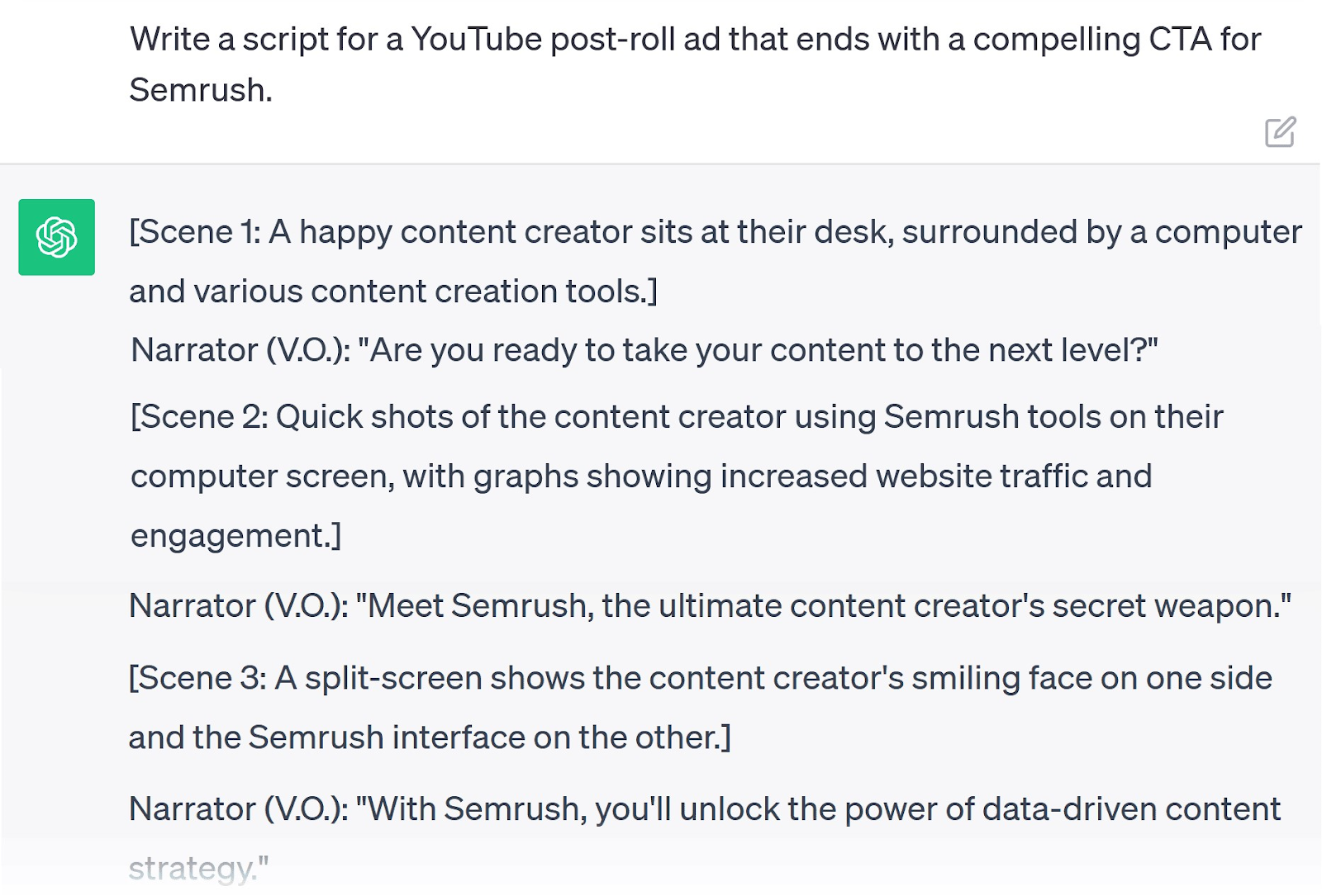 A new prompt asking ChatGPT to write a script for a YouTube post-roll ad