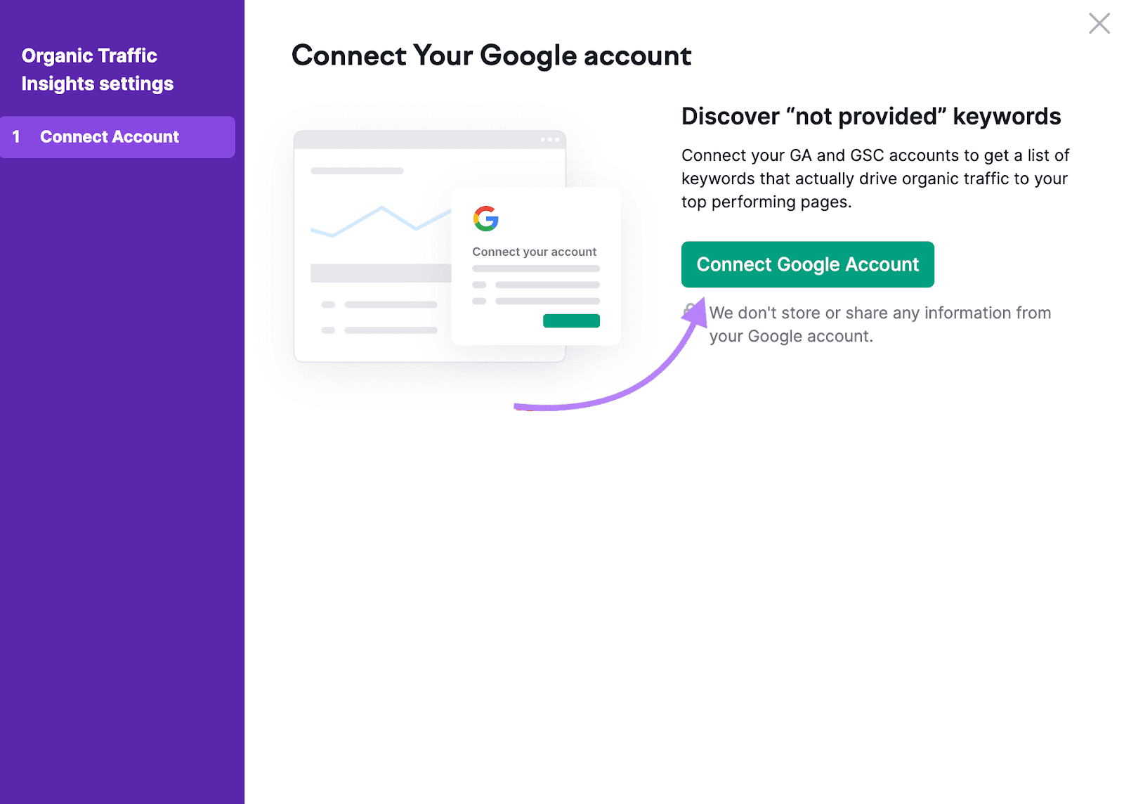 “Connect Your Google account" window in Organic Traffic Insights tool