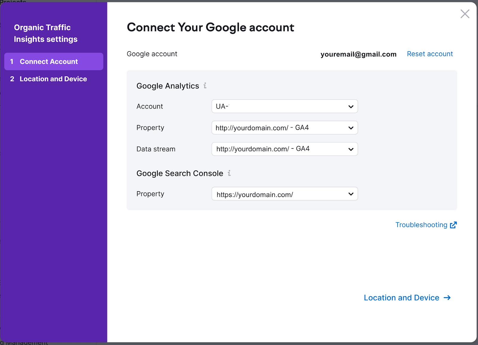 Organic Traffic Insights settings with options to connect Google Analytics and Google Search Console accounts.