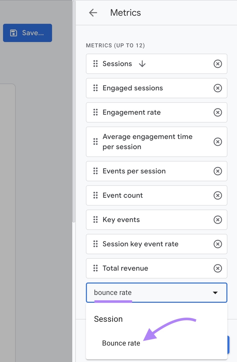 "Bounce rate" entered and selected from the drop-down in the "Add metric" drop-down on Google Analytics.