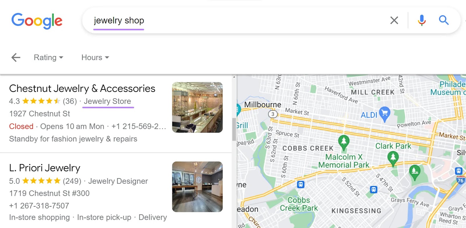 “jewelry store” category highlighted under "Chestnut Jewelry & Accessories" GBP