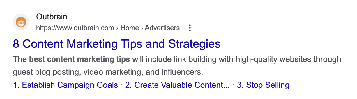 Outbrain's blog titled "8 Content Marketing Tips and Strategies" on Google SERP