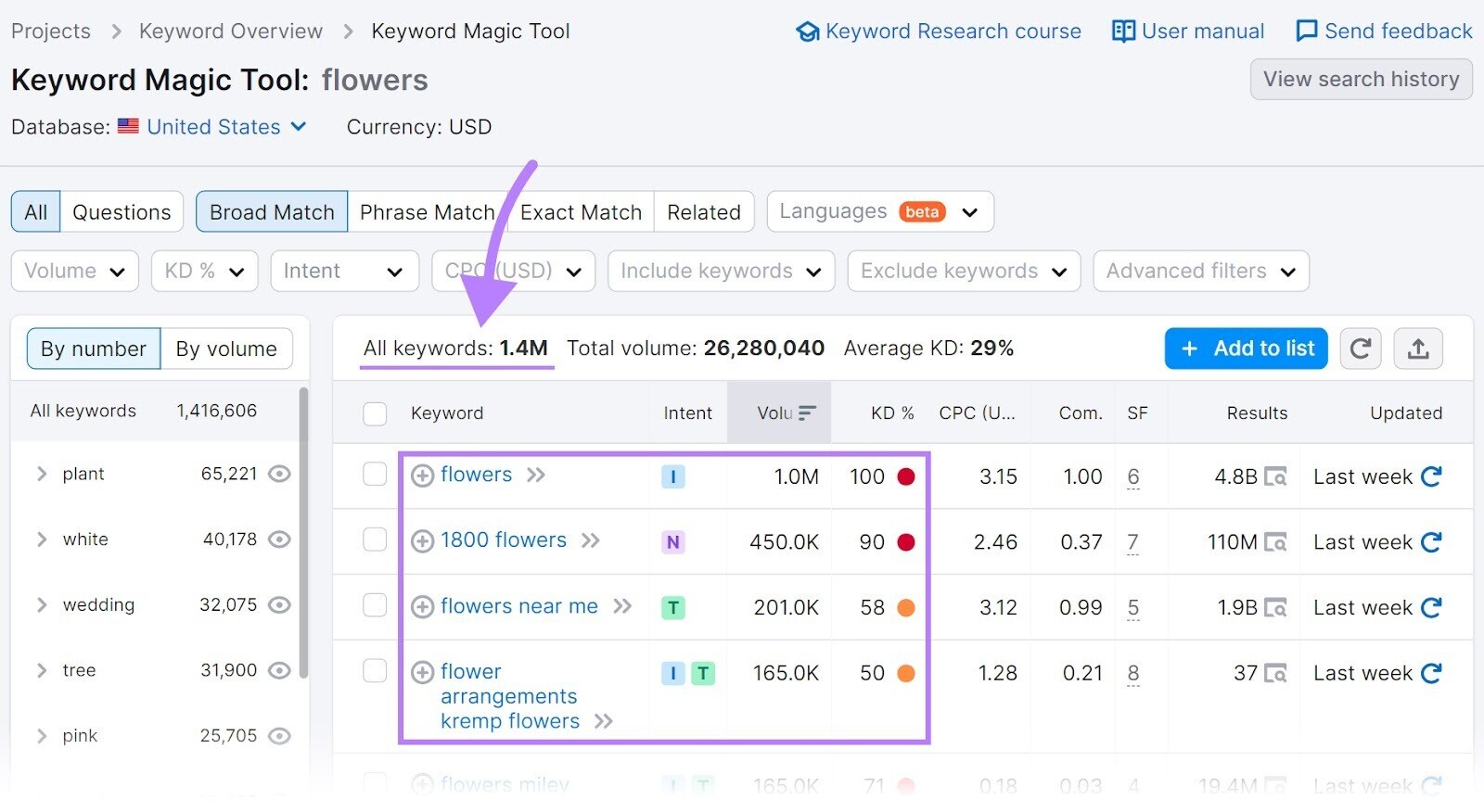 Keyword Magic Tool results for "flowers"