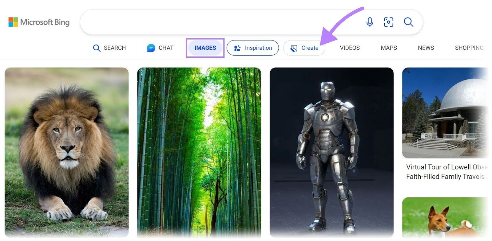 “Create” button highlighted in Bing Images