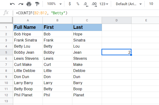 a COUNTIF Google Sheets example