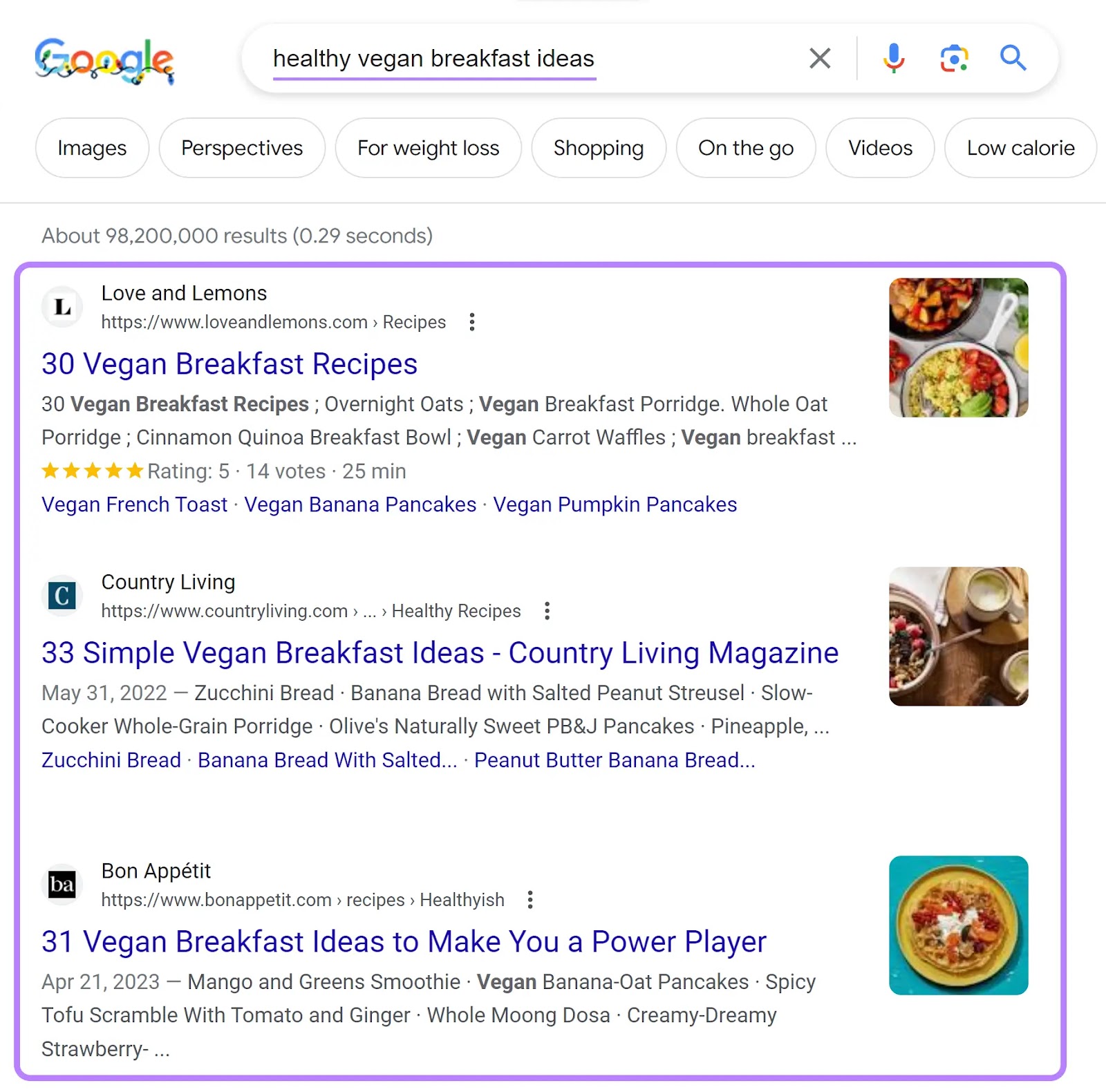 Google's SERP for "healthy vegan breakfast ideas" query