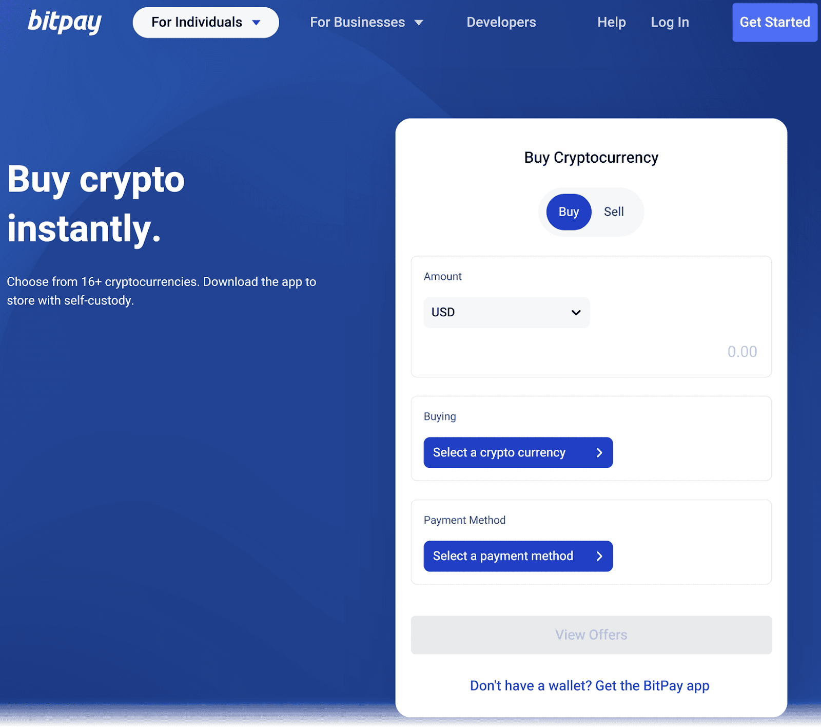 BitPay page for instant cryptocurrency purchases with a UI to select currency amount, cryptocurrency, and payment method