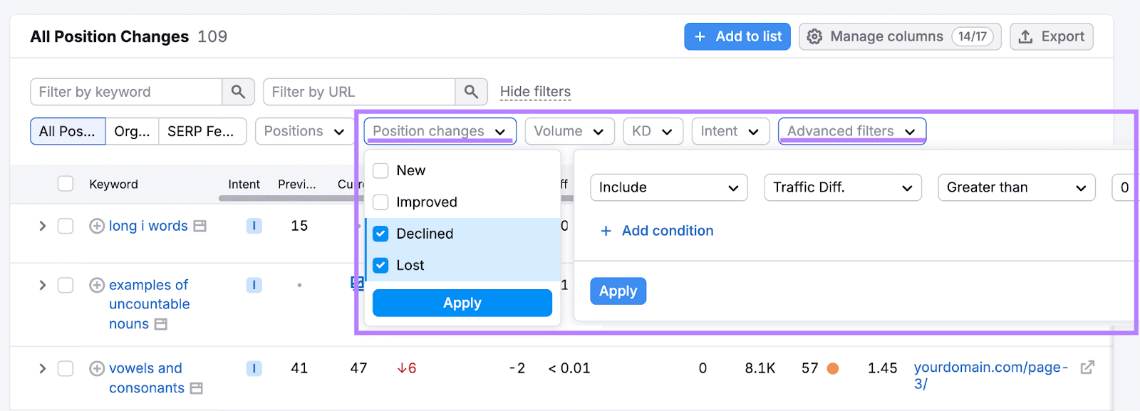 Organic Research tool's "Position changes" filter with the "declined" and "lost" options selected. And the advanced filters set to "include traffic different. greater than 0"