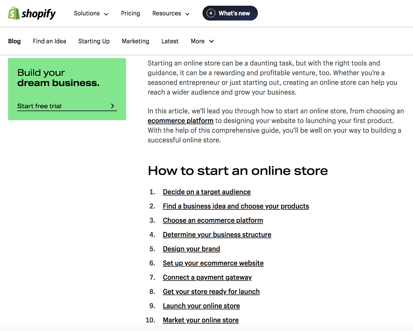 Shopify's blog post on how to start an online store