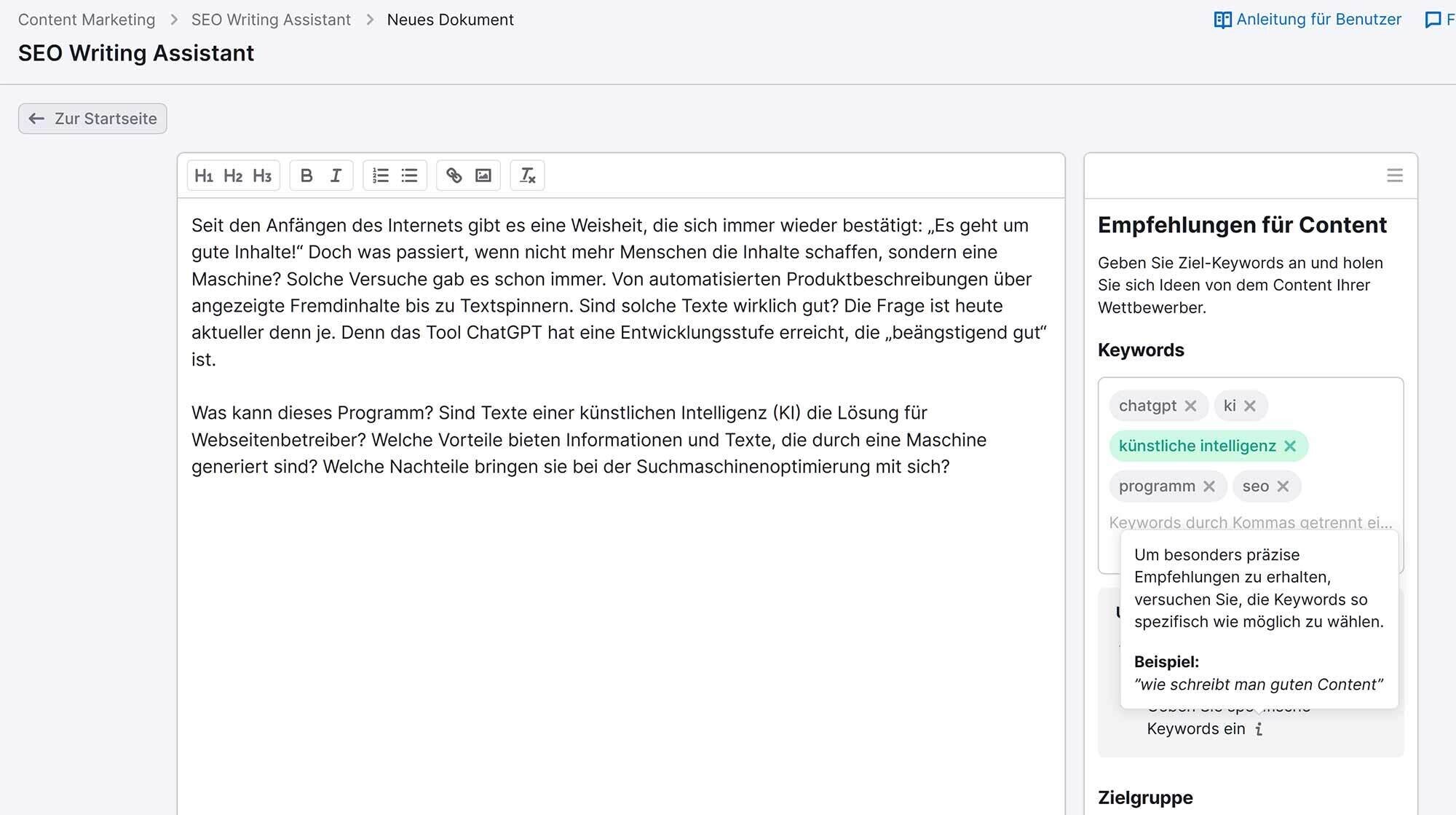 Beim Nutzen von SEO Writing Assistent erhältst du Tipps zur Optimierung