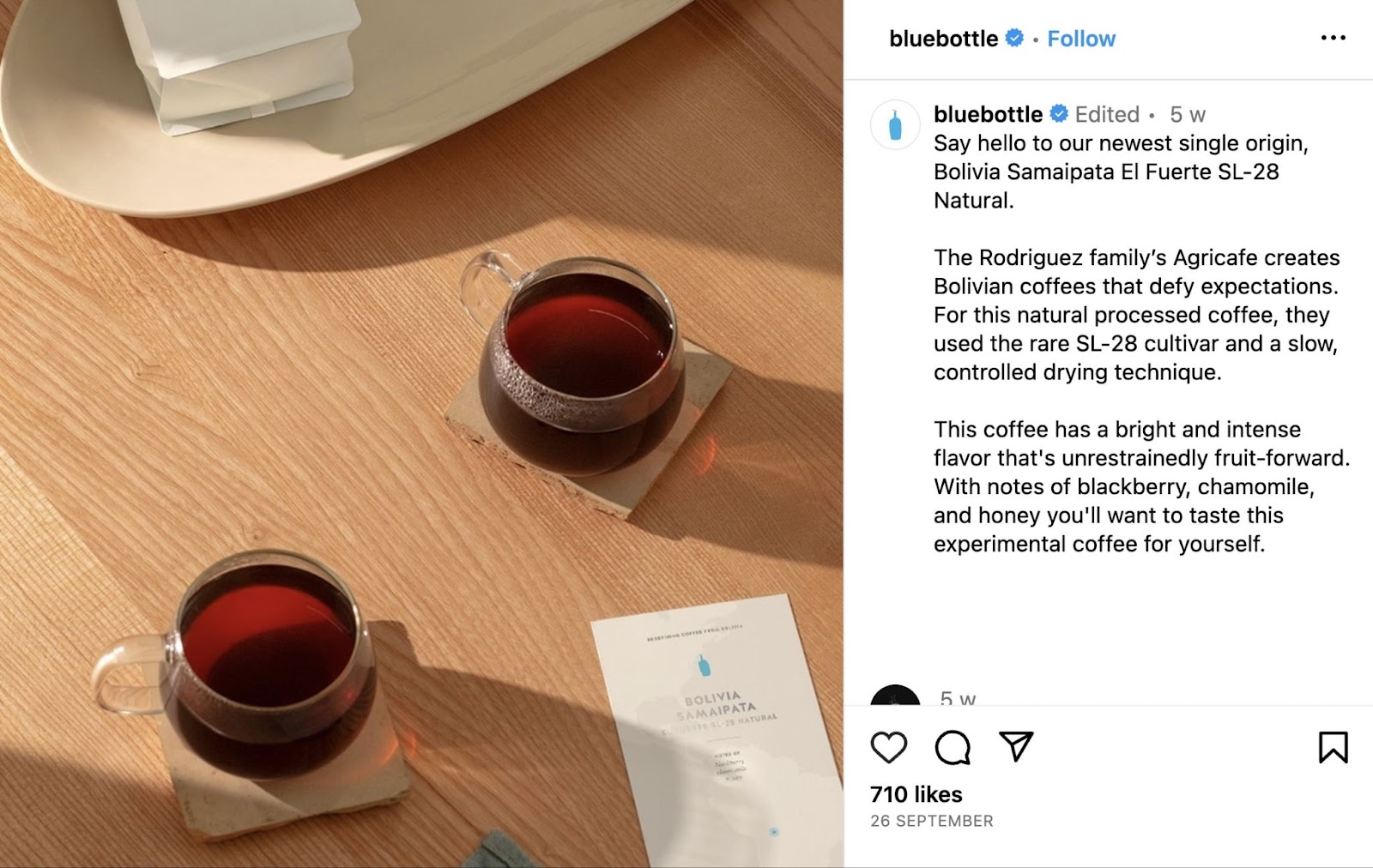 Blue Bottle Coffee's Instagram post announcing its new specialty coffee
