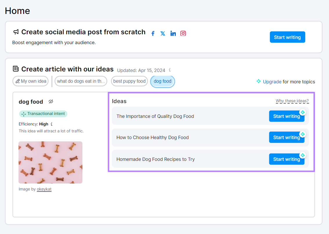 Article ideas generated for the keyword ' food' using the Content Shake AI tool