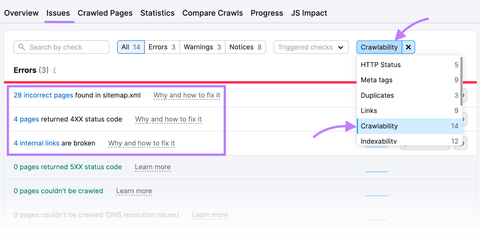 a list of "Crawlability" issues in Site Audit tool, with "Category" filter highlighted