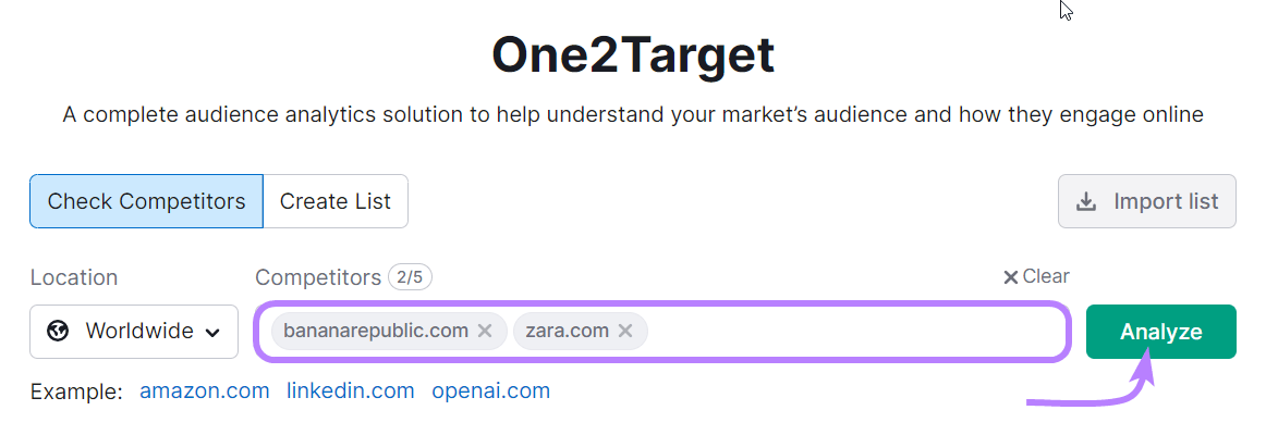 "bananarepublic.com" and "zara.com" entered into One2Target search bar