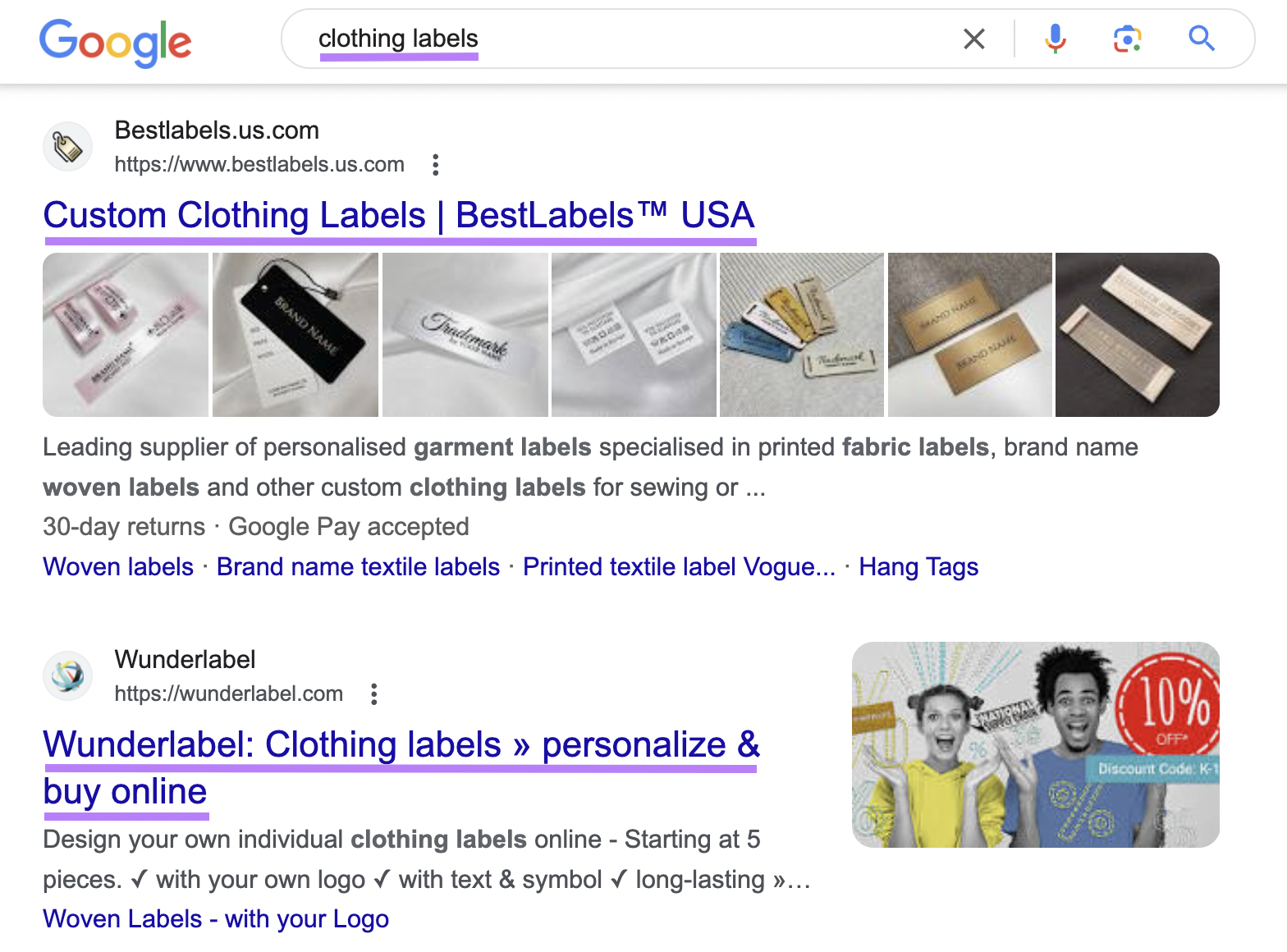Google search results for “clothing labels” query