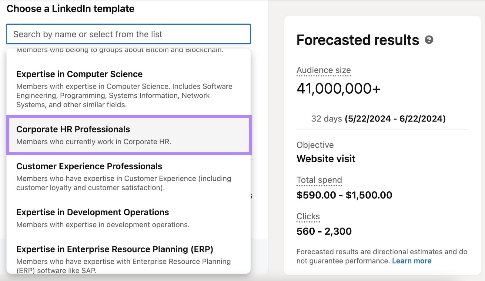 LinkedIn template 'corporate hr professionals' selected alongside forecasted results