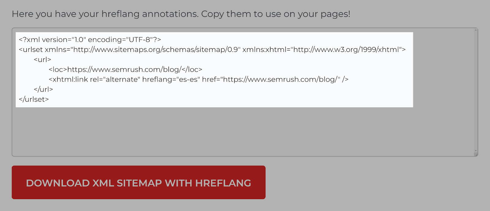 Generated XML Sitemap hreflang code highlighted.
